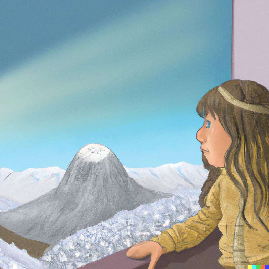 someone gazing at Mount Everest, children's book illustration